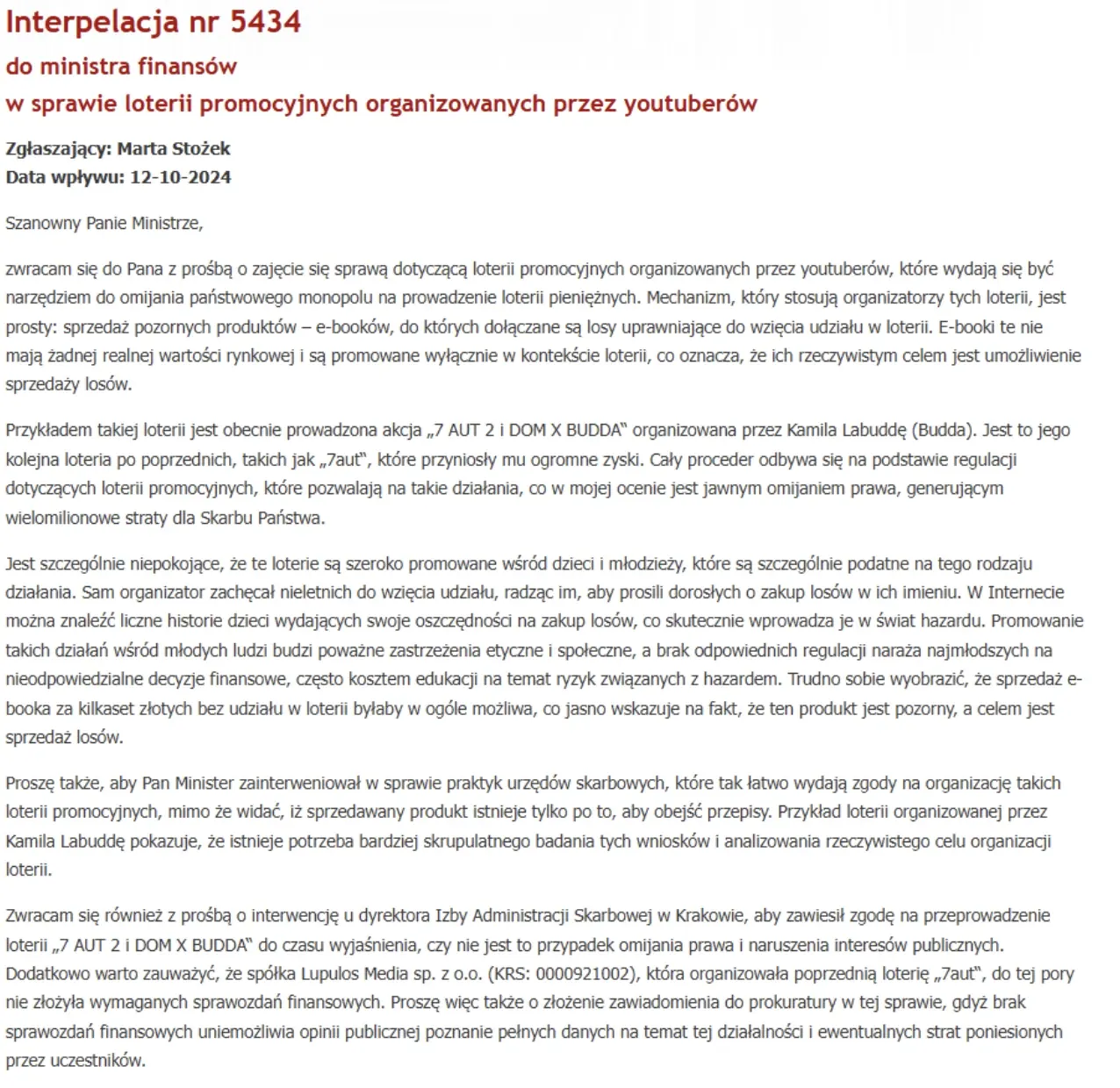 Interpelacja nr 5434 - Marta Stożek, 12-10-2024