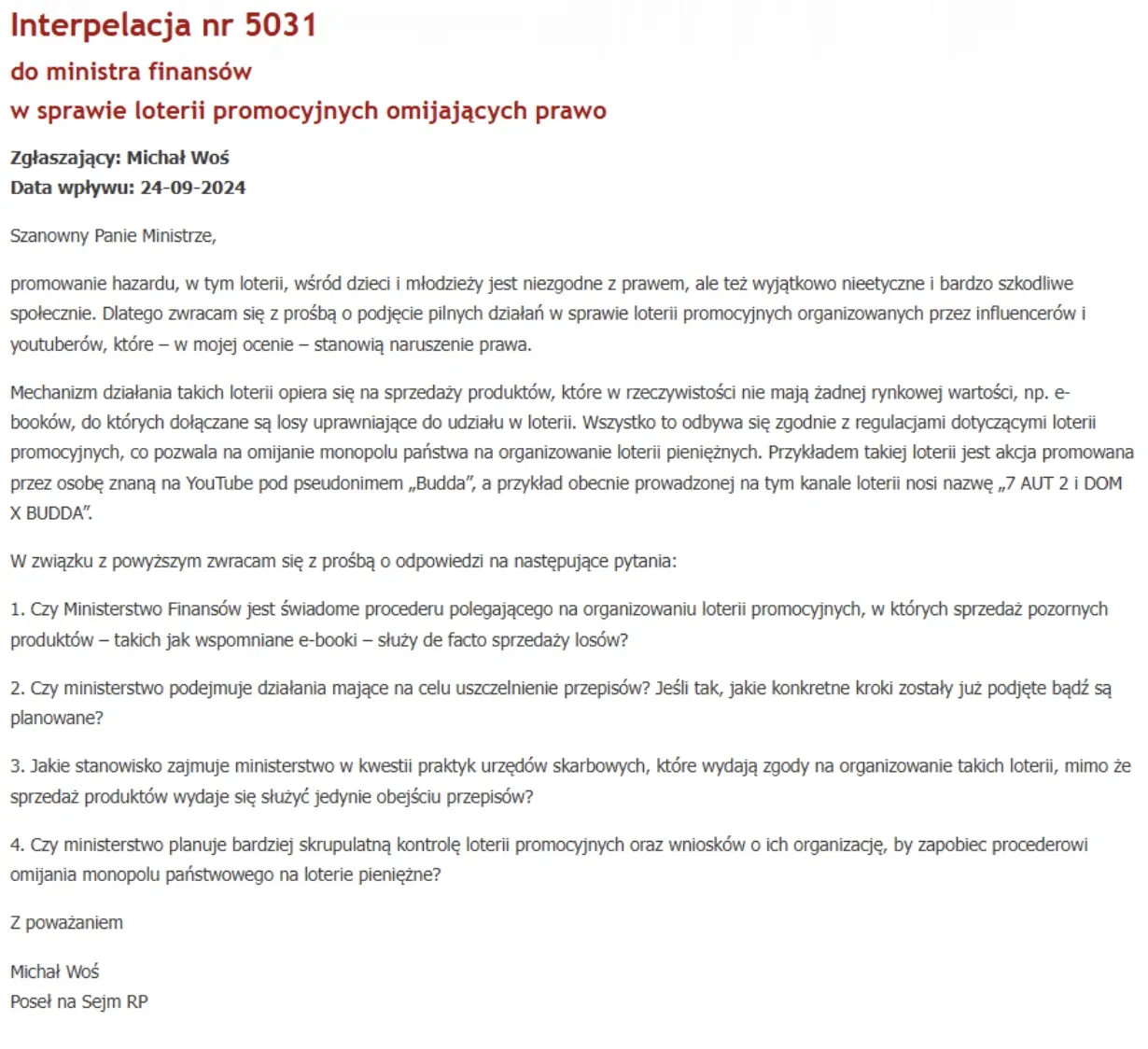 Interpelacja nr 5031 - Michał Woś, 24-09-2024