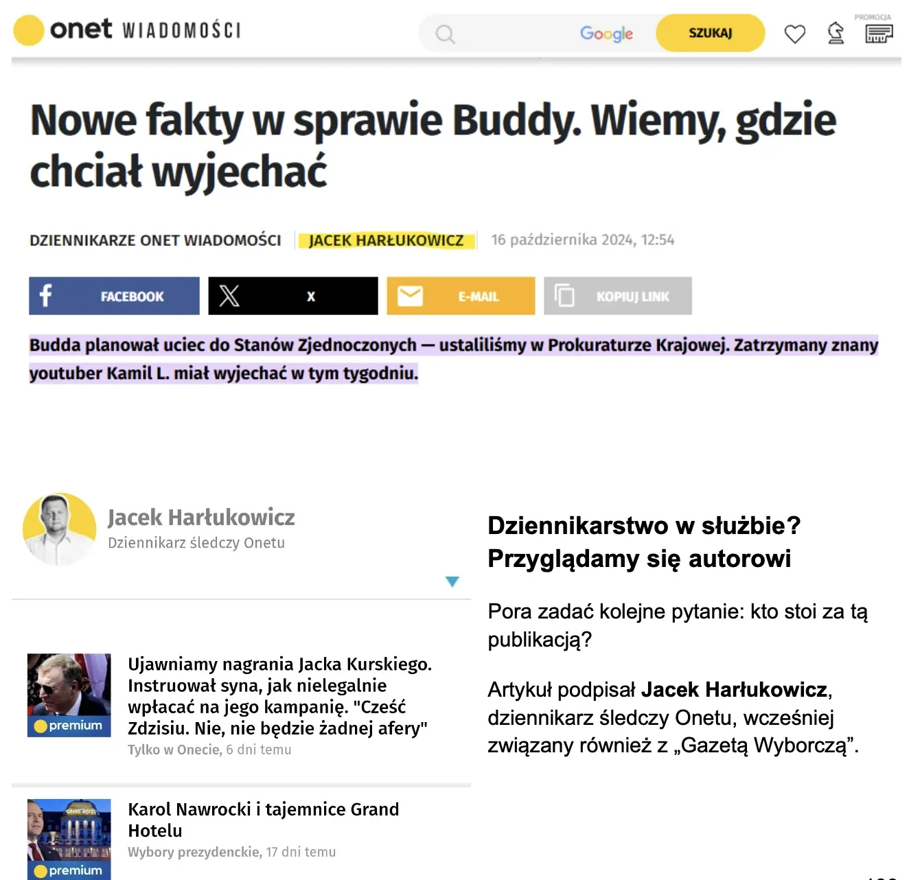 Onet - Nowe fakty w sprawie Buddy, autor Jacek Harłukowicz