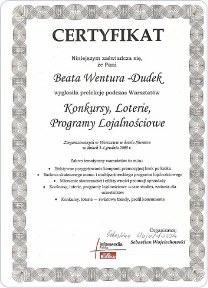 Certyfikat Informedia Polska / Puls Biznesu - Konkursy, Loterie, Programy Lojalnościowe, Warszawa 2009