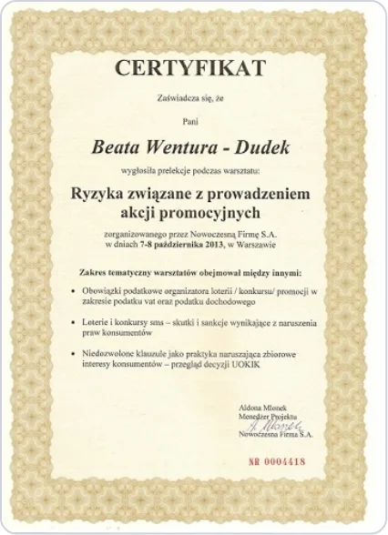 Certyfikat Nowoczesna Firma S.A. - Ryzyka związane z prowadzeniem akcji promocyjnych, Warszawa 7-8 października 2013, NR 0004418
