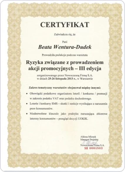Certyfikat Nowoczesna Firma S.A. - Ryzyka związane z prowadzeniem akcji promocyjnych, III edycja, Warszawa 25-26 listopada 2013, NR 0004803