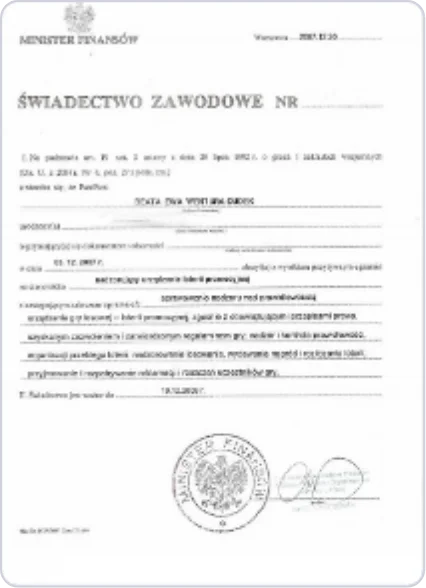 Świadectwo zawodowe Ministra Finansów RP - pełne uprawnienia