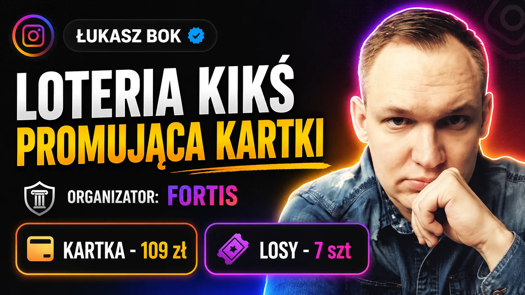 Loteria KiKŚ promująca kartki - organizator Fortis, kartka 109 zł, 7 losów, Łukasz Bok